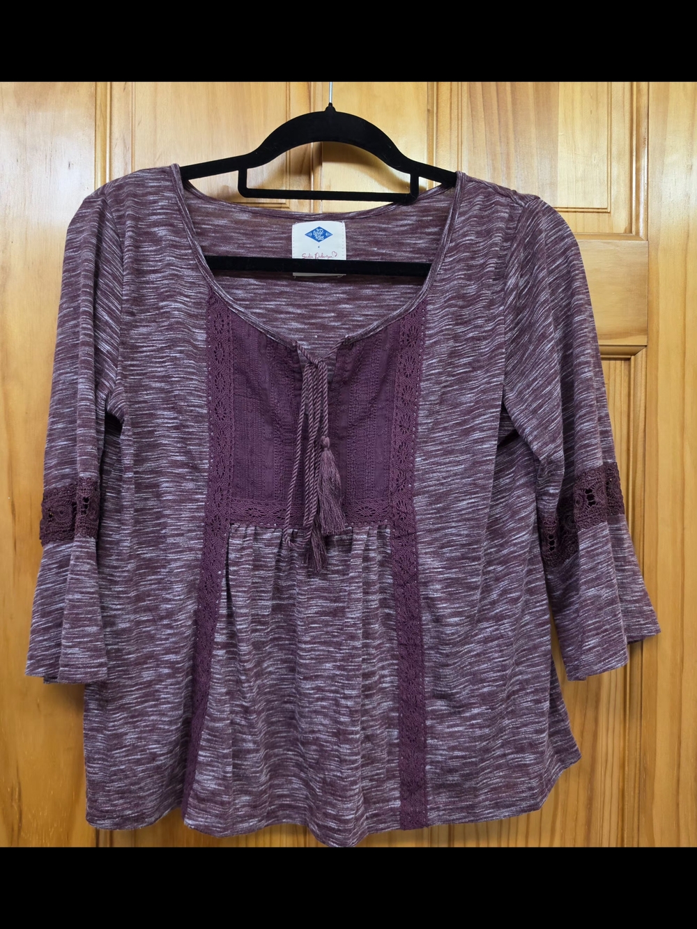 Wild Blue Women's Plum Lace-Trim Peasant Blouse with Tassel Tie XL
